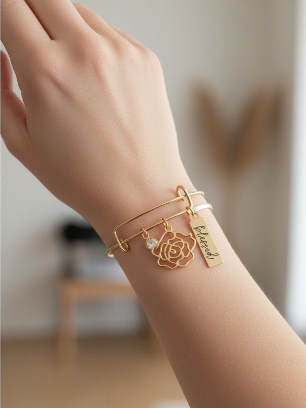 8/8 Blessed Gold Rose Charm Bangle Bracelet